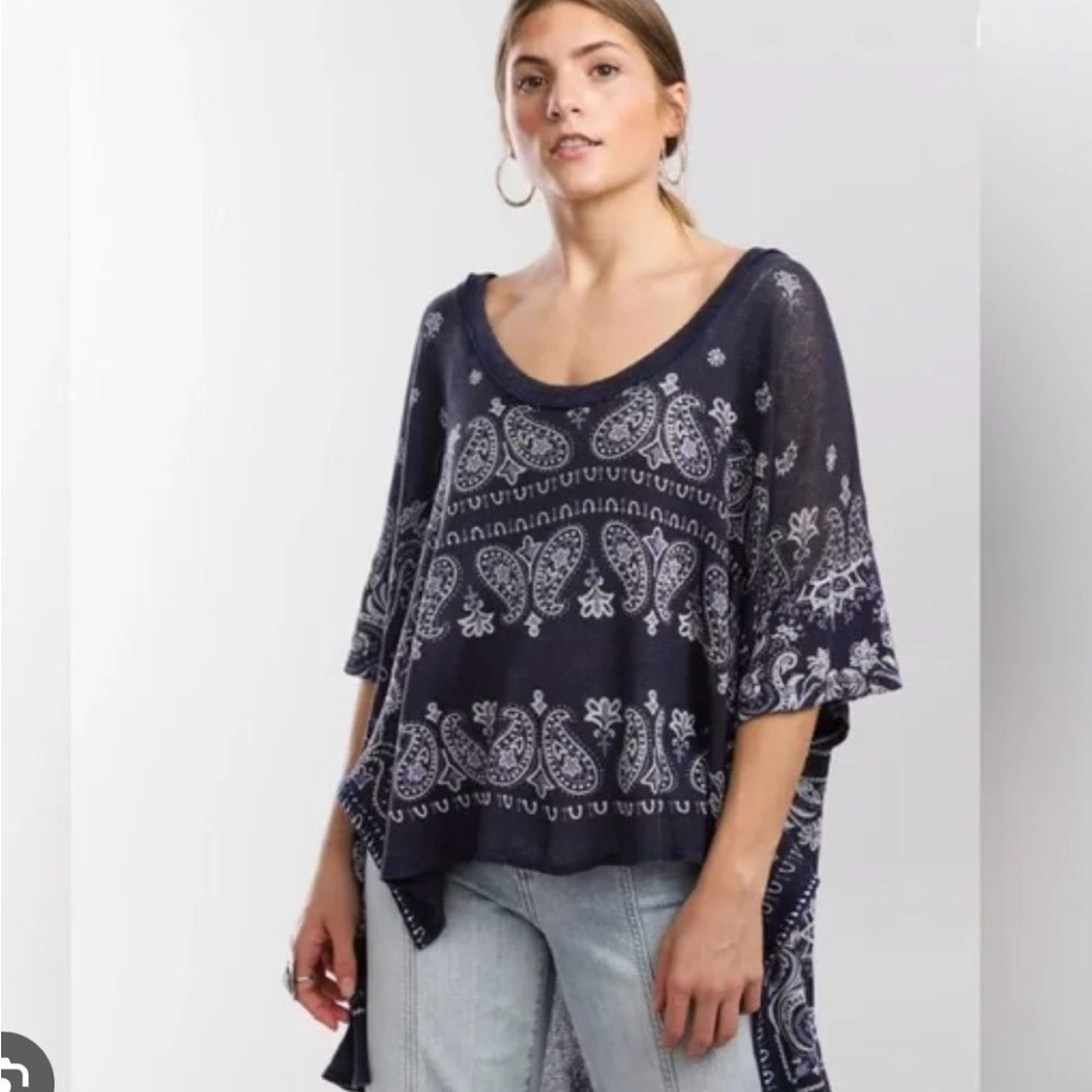 Free People Navy Paisley Scoop-Neck High-Low Tunic